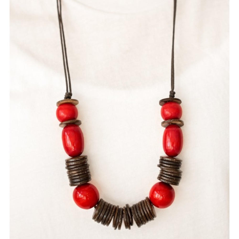 Brown and red necklace and earrings set.